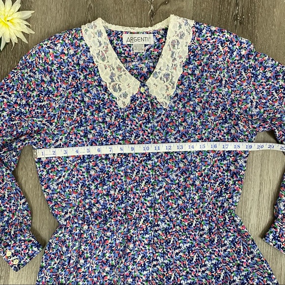 Vintage 80’s Blue Multi-Print Pleated Peplum Button-Up Blouse with Lace Collar - Picture 10 of 13